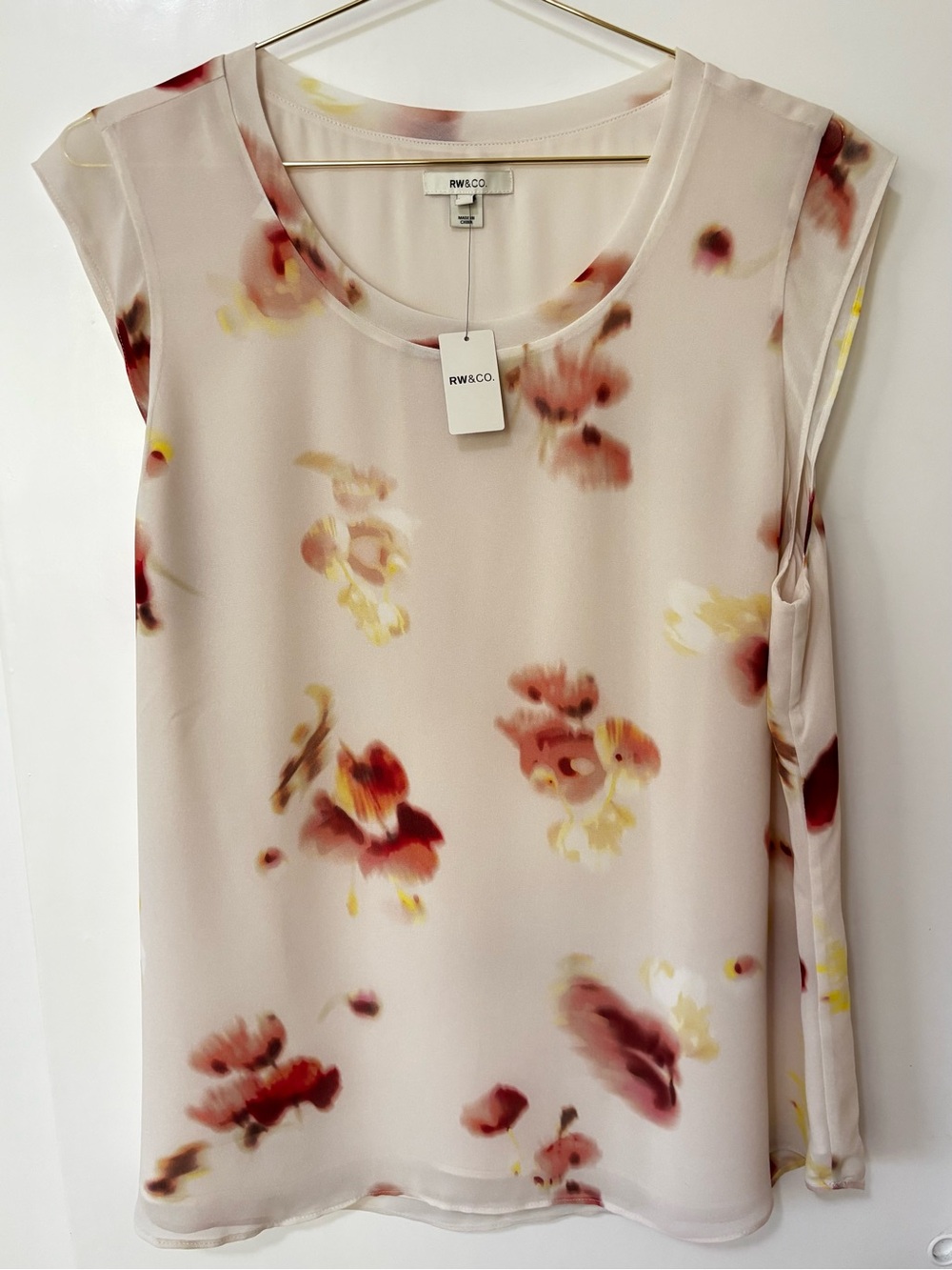 RW&CO.| NEW Cream & Rust Chiffon Floral Cap-Sleeve Lightweight Blouse Sz XL NWT